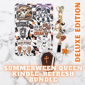 May include: A Summerween Queen Kindle refresh bundle featuring a rectangular sticker sheet with spooky summer graphics, a gold-toned keychain with charms including a pumpkin and tassel, and a coffin-shaped accessory with an orange cross.