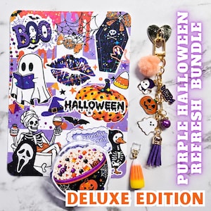 May include: A Halloween-themed bundle featuring a rectangular sticker sheet with ghosts, skeletons, pumpkins, and bats, a gold-toned keychain with charms including a pom-pom, ghost, and pumpkin, and a candy corn charm with a metal loop.