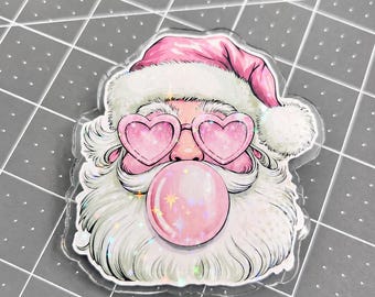 Magnetic Collapsible Kindle Grip/ Stand for E-Reader, Tablet, Smartphone Kindle Holder | Pink Bubble Gum Santa Claus Design