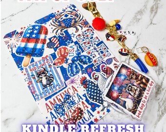 4th Of July DELUXE Kindle Refresh Kit | Kindle Decorating Accessories Bundle | Includes Kindle Insert, Magnetic Grip, Dust Plug, Chain Charm