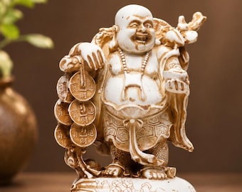 7 Inch Money Carrying Laughing Buddha Figurine | Wealth Attraction Feng Shui Statue | Lucky Home Office Decor