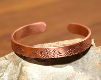Copper Cuff Bracelet Mountain Stamped | Handmade Copper Jewelry Gift for Men Women