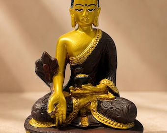 12 Cm Hand-Carved Gold Painted Tibetan Buddha Statue, Resin Buddhist Meditation Decor