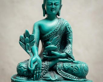 Green Buddha Meditating Statue Handcrafted in Nepal | Tibetan Buddhist Home Decor Gift Items
