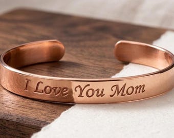 I love you mom engraved copper bracelet handmade jewelry gift Hand carved copper wrist bangle