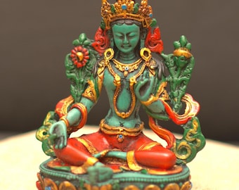 Hand-Painted Green Tara Statue | Resin Buddhist Goddess Sculpture from Nepal Buddhist Religious Gift Item