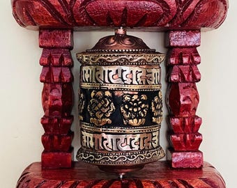 Buddhist Prayer Wheel Wall Hanging | Small Tibetan Prayer Wheel with Wooden Frame Handcrafted in Nepal
