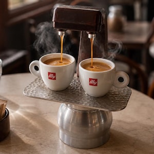 May include: A dual-spout espresso machine dispensing coffee into two white ceramic cups with the red illy logo. The cups rest on a hammered metal platform supported by a silver-toned base, with visible steam rising from the freshly brewed espresso.