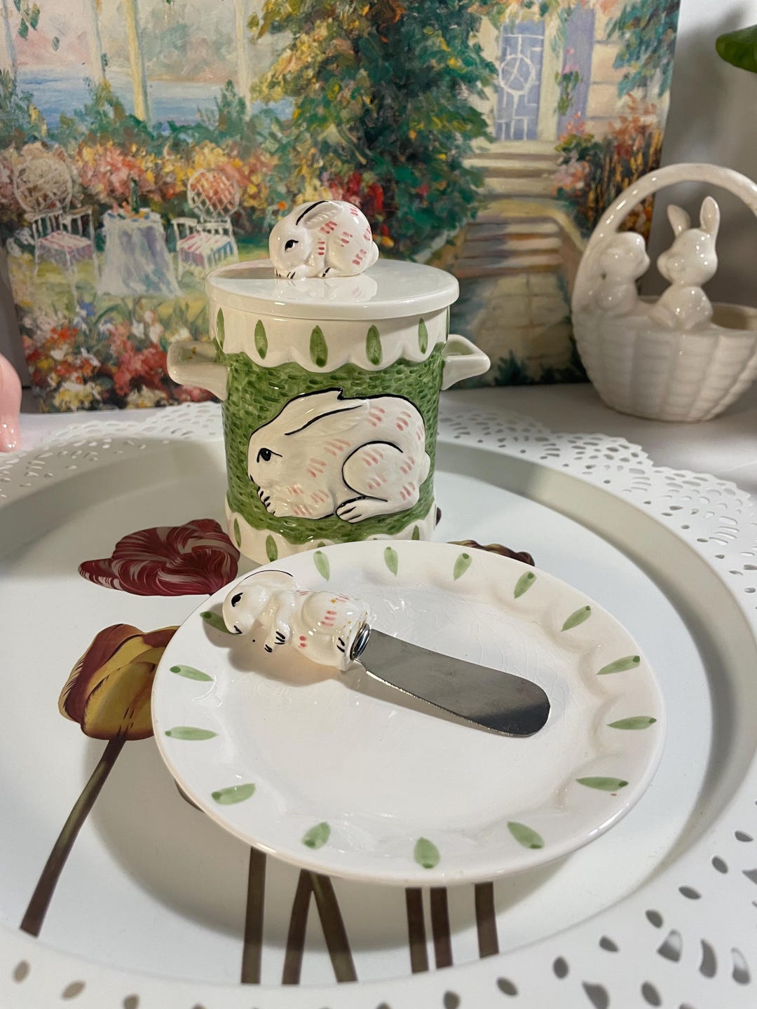 Vintage SIGMA Hand-painted Bunny Rabbit Jam Pot With Spreader - Etsy