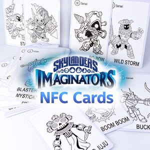 May include: White NFC cards with black and white illustrations of Skylanders Imaginators characters. The cards display character names and the game's logo. Text on the cards includes "Sensei", "Wild Storm", and "Boom Boom".