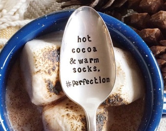 Hot cocoa and warm socks. Perfection. Hand Stamped Spoon. Christmas & Holiday gift. Perfecting stocking stuffer idea.