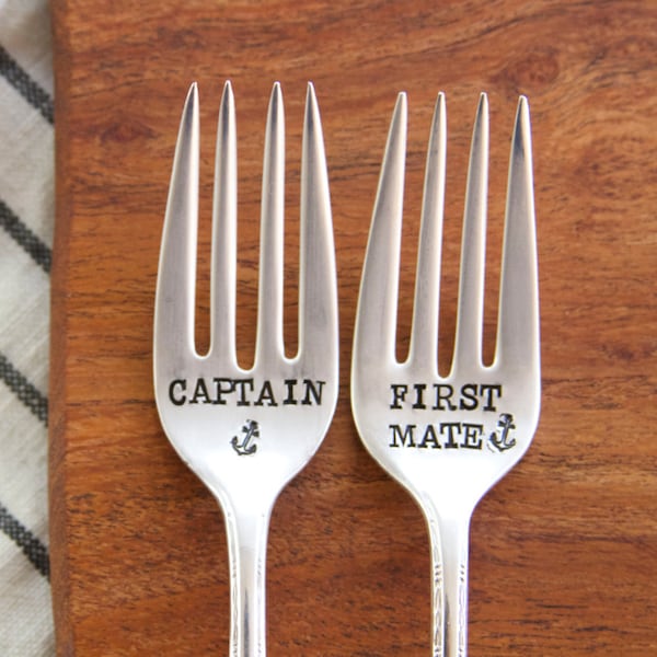 Captain and First Mate Matching Forks - Wedding Cake Fork Set  - Hand Stamped - Vintage Nautical Anchor Wedding -