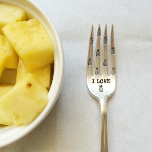 I Love Pineapple Hand Stamped Fork Vintage Gift Every Day Vintage Healthy Living Pineapple Beach Foodie Tropical image 1