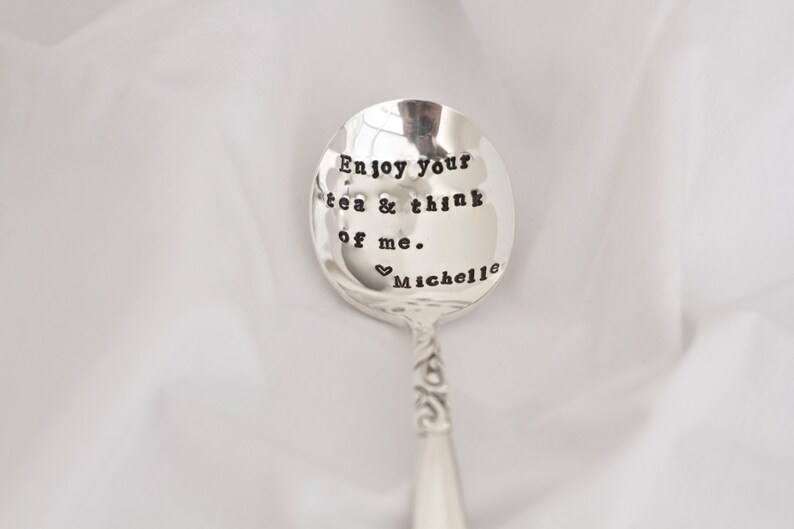 Enjoy your tea and think of me. Stamped Spoon. Tea Spoon: Spoon for your tea bag. The perfect gift for your tea loving friend. image 3