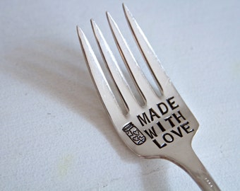 Made With Love - Hand Stamped Fork - Mason Jar of Hearts -  Food, Cook, Hostess gift ideas under 25