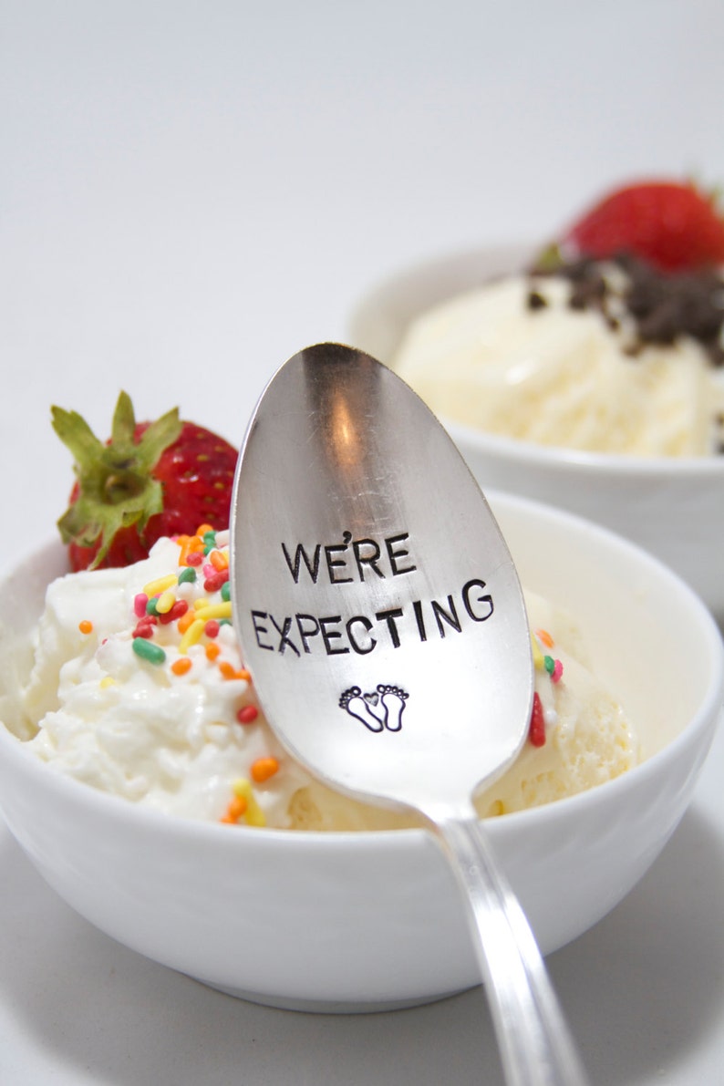 Pregnancy Announcement Spoon. We're Expecting. Stamped Spoon. Unique Announcement for having a baby. image 2