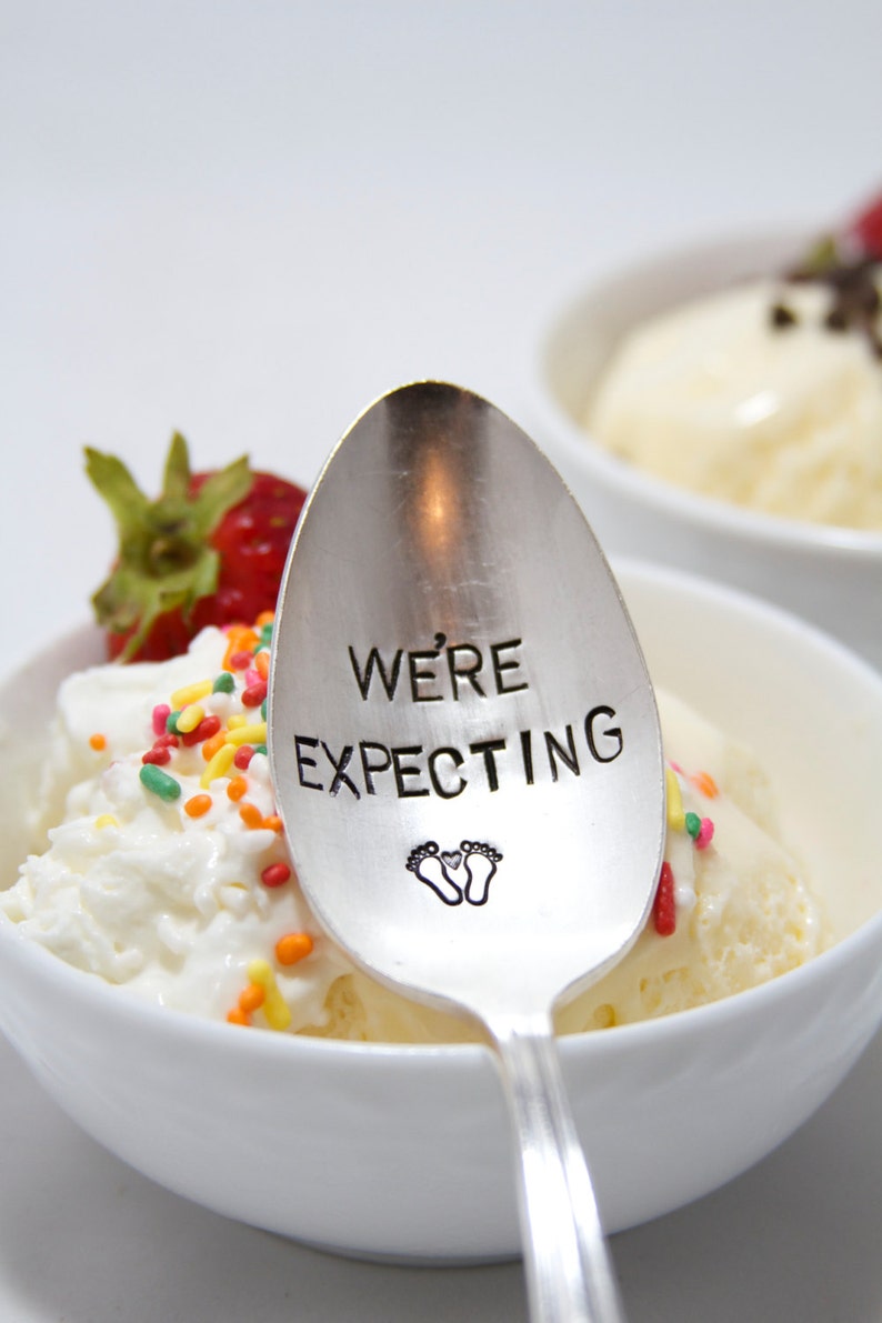 Pregnancy Announcement Spoon. We're Expecting. Stamped Spoon. Unique Announcement for having a baby. image 1