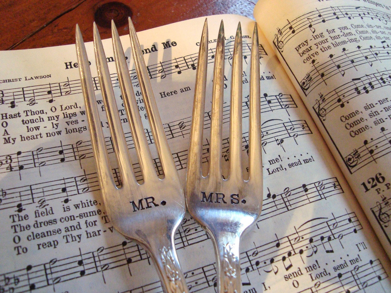Hand Stamped Mr and Mrs Vintage Weddings Fork Set Vintage forks hand stamped with wedding dates