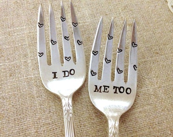 I Do, Me Too "Scattered Hearts" Wedding Cake Fork Set  - Hand Stamped - Personalized with your Wedding Date - Vintage