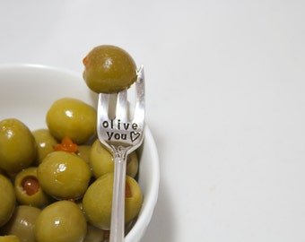 Olive You - Hand Stamped Picking Fork - Olive Fork - Fondue - stocking stuffer, kitchen gadget, kitchen utensil