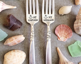 My Captain and My Mermaid. Popular Wedding Cake Fork Set. Hand Stamped Cake Forks. Nautical Wedding. Anchors.