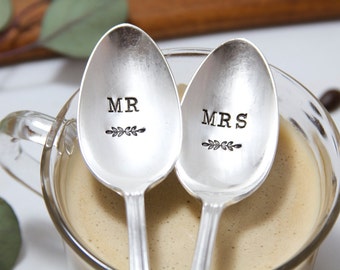 Mr. and Mrs. Spoon Set - Hand Stamped with wedding date - personalized with the bride and groom wedding date