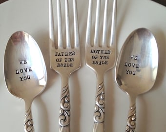 Father & Mother of the Bride Fork and Spoon Set  - Hand Stamped - Vintage Wedding -Gift for Parents of the Bride and Groom