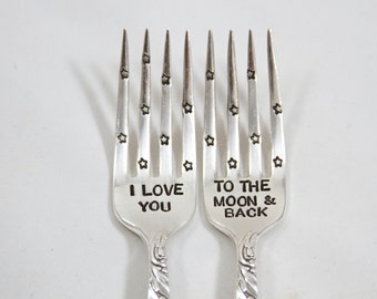 I Love You to the Moon and Back - Fork Set - Hand Stamped with wedding date - personalized with the bride and groom wedding date