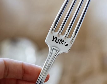 YUM - Hand Stamped Fork - Vintage Gift -  Every Day Vintage - Birthday, Christmas, Holiday, Gifts