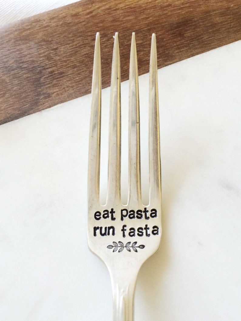 Eat Pasta. Run Fasta. Hand Stamped Fork and unique gift idea. Gift for Runner. Marathon or Triathlon. image 2