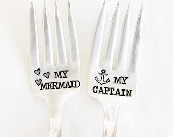 My Captain and My Mermaid. Popular Wedding Cake Fork Set. Hand Stamped Cake Forks. Nautical Wedding. Anchors.