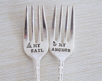 My Anchor and My Sail. Popular Wedding Cake Fork Set. Hand Stamped Cake Forks. Nautical Wedding. Anchors.