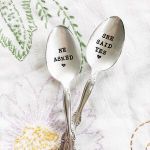 He Asked, She Said Yes Spoon Set  - Hand Stamped - Personalized with Engagement Date - Vintage Engagement