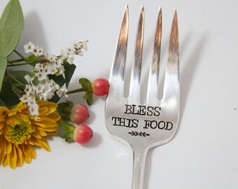 Stamped Serving Fork: Bless this food. Hostess Gift. Serving Utensil for Thanksgiving. Unique holiday gift