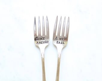 My Anchor and My Sail. Popular Wedding Cake Fork Set. Hand Stamped Cake Forks. Nautical Wedding. Anchors.