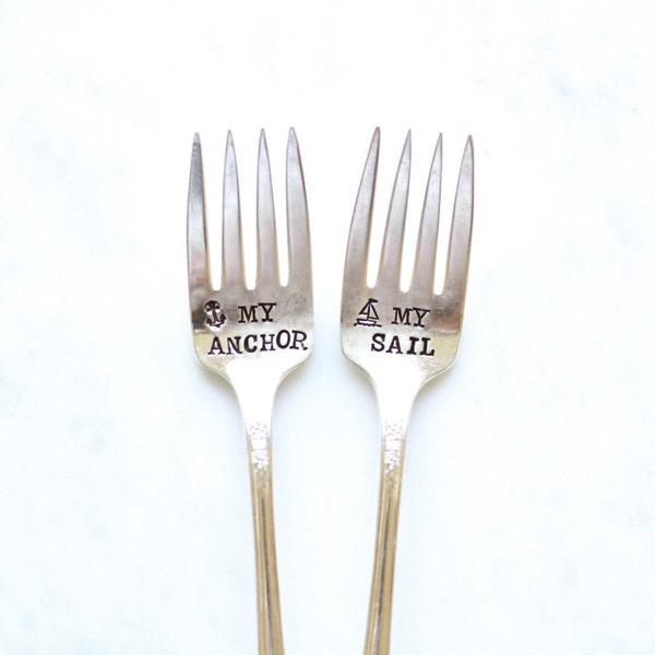 My Anchor and My Sail. Popular Wedding Cake Fork Set. Hand Stamped Cake Forks. Nautical Wedding. Anchors.