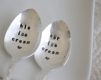 His and Her Ice Cream Spoon - lowercase font - Hand Stamped Spoon set - gift idea under 25 for ice cream lovers