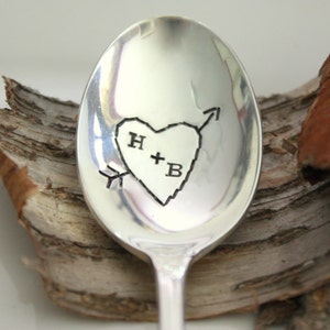 Carved Hearts - Hand Stamped Spoon - Vintage Gift - 2012 Original forsuchatimedesigns - Valentine