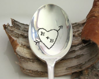 Carved Hearts - Hand Stamped Spoon - Vintage Gift - 2012 Original forsuchatimedesigns - Valentine