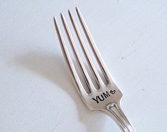 Yum - Hand Stamped Fork - Mason Jar of Hearts - Food, Cook, Hostess gift ideas under 25 - Gift for her, gift for him