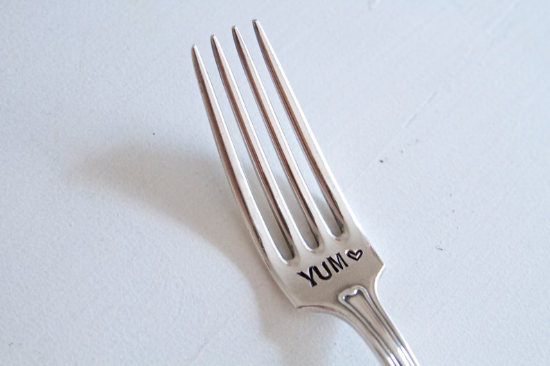 Yum Hand Stamped Fork Mason Jar of Hearts Food, Cook, Hostess gift ideas under 25 Gift for her, gift for him image 1