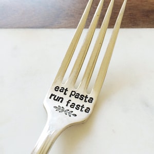 Eat Pasta. Run Fasta. Hand Stamped Fork and unique gift idea. Gift for Runner. Marathon or Triathlon. image 1