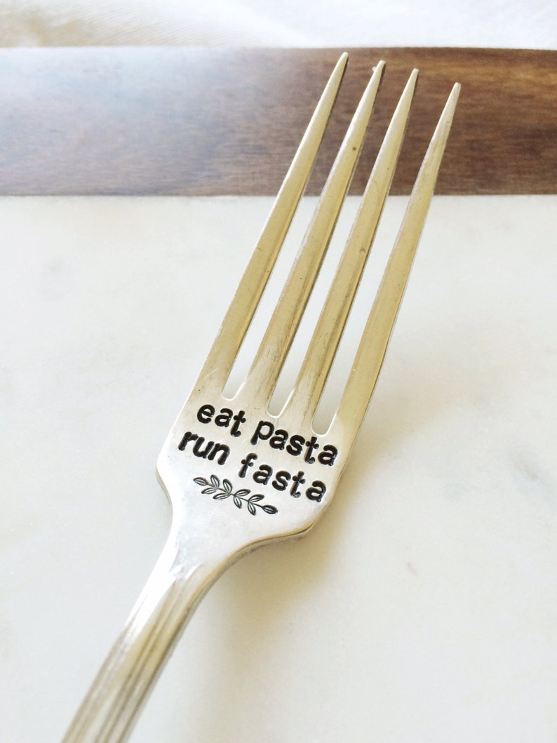 Eat Pasta. Run Fasta. Hand Stamped Fork and unique gift idea. Gift for Runner. Marathon or Triathlon. image 1