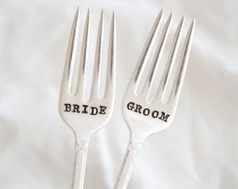 Bride & Groom Wedding Cake Fork Set  - Hand Stamped Gift - special forks for the wedding cake and every anniversary after