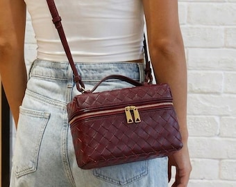 Woven Cowhide Leather Vanity Crossbody Bag With Double Zip Closure