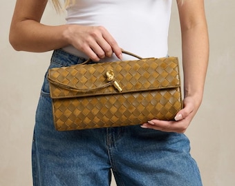 Woven Nubuck Leather Baguette Bag With Gold Knot Closure