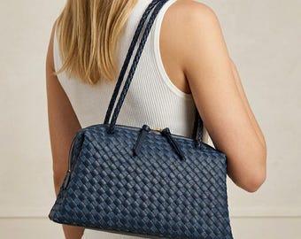 Woven Cowhide Leather Boston Bag With Braided Shoulder Straps