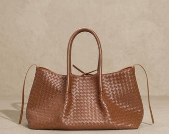 Bolso tote de cuero tejido marrón, bolso de mano con asa superior de piel de vaca auténtica