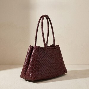 Burgundy Woven Leather Tote Bag With Braided Handles image 5