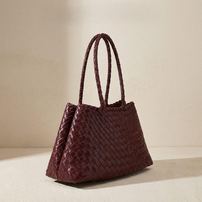 Burgundy Woven Leather Tote Bag With Braided Handles image 5